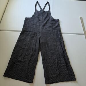 Striped Linen Overalls Womens Medium Black Wide Leg Crop Square Neck Italy